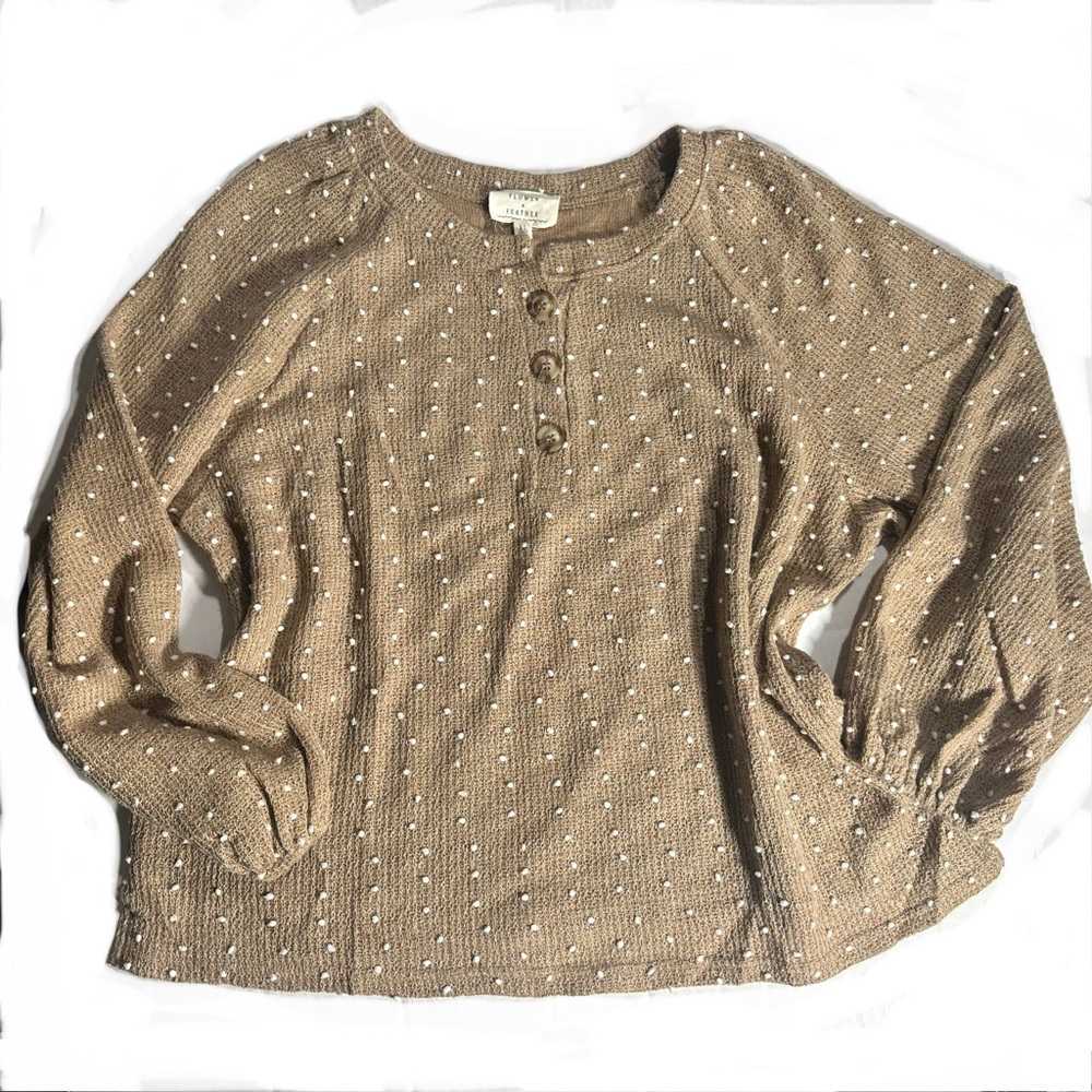 Flower Feather Boho Chic Henley Sweater Sz XL Cottagecore Puff Sleeve Swiss Dot
